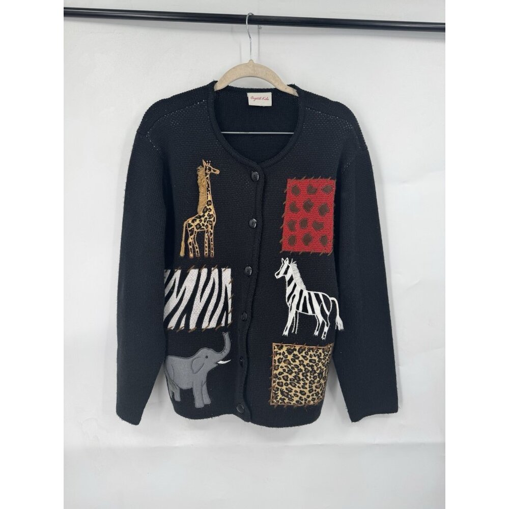 Crystal Kobe African Safari Patchwork Button Sweater Women XL Black Stitch Zebra